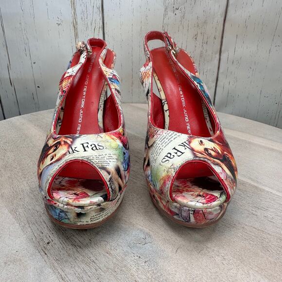 Newsprint Platform Peep Toe Womens Heels Red Retro Slingbacks Size 38 EU - Picture 3 of 15